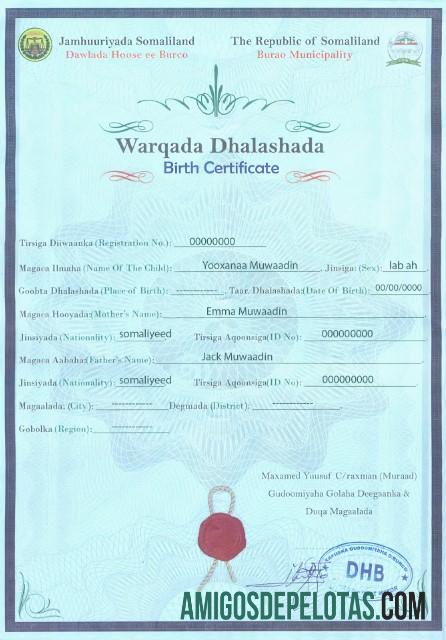 Imprimível modelo de certidão de nascimento da Somália em formato PSD